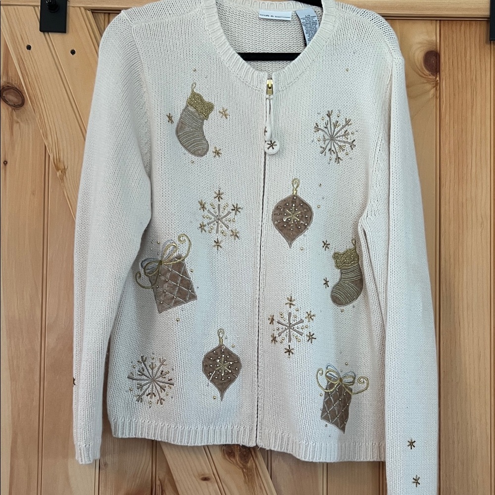Croft & Barrow Cream Christmas 
Cardigan with Gold and Brown Accents